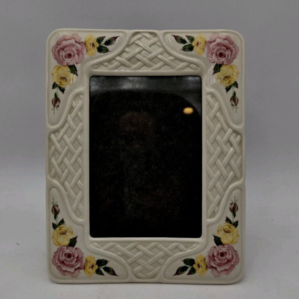 Belleek Fine‎ China Ireland Red Yellow Rose White Lattice Picture Frame VTG 2000